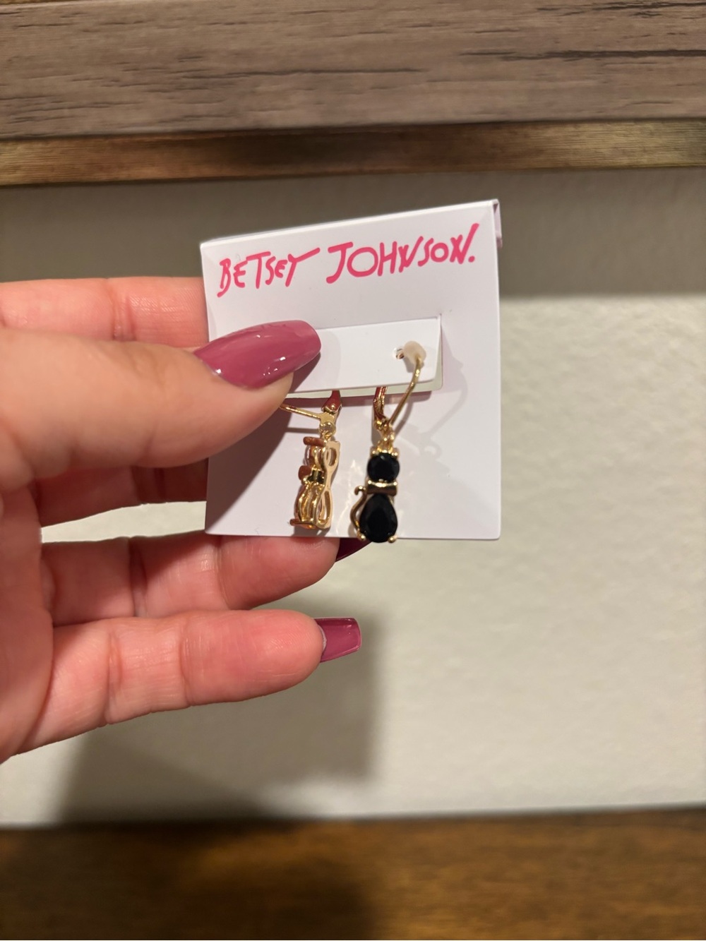 Betsey Johnson Gold Tone Mismatch Cat Earrings with Black and Clear Stones - Picture 5 of 6